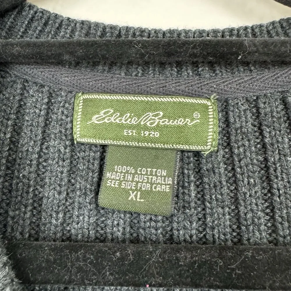 Eddie Bauer Rib Knit Cotton Pullover V-Neck Long Sleeve Sweater Charcoal Gray XL